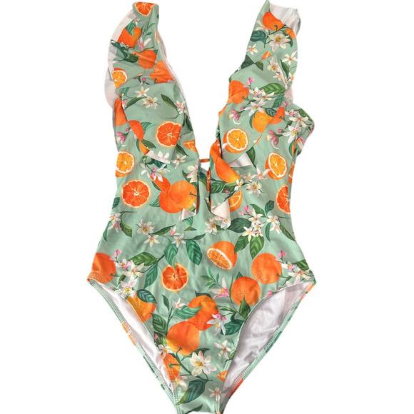 Binlowis Other - NWT Binlowis one piece swim medium orange floral green ruffle v neck